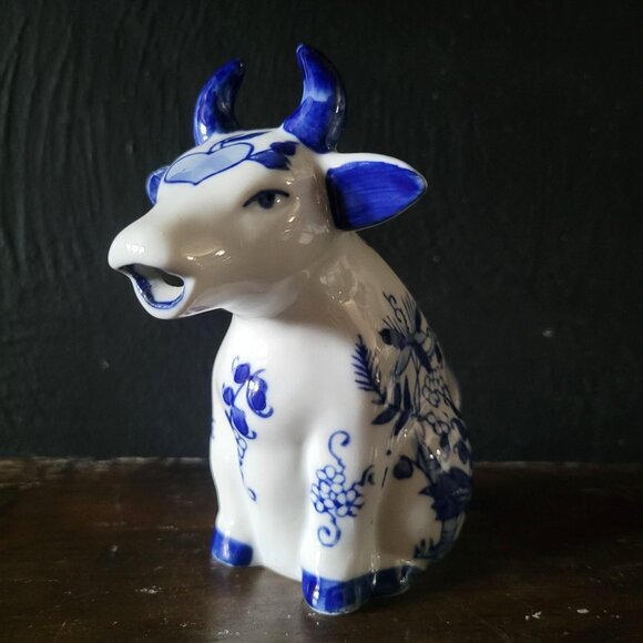 Vintage Blue and White Porcelain Cow Creamer With Blue Floral Design - Picture 1 of 8
